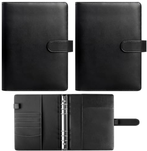 2PCS A5 Ring Binder Notebook Refillable A5 Binder 6 Ring Paper Not Included | with Magnetic Buckle Closure Leather A5 Folder Ring Binder Black for Offices School Notepad Meeting Note Book Travel Writing