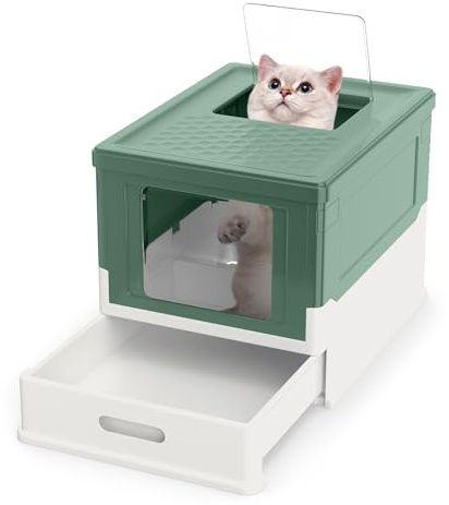 GOPLUS Bandeja Sanitaria Plegable para Gatos con Tapa, Gran Casa de Baño Cerrada, con Cajón Deslizante, Doble Entrada, para Gatos de hasta 10 kg, Fácil de Limpiar y Transportar (Verde)