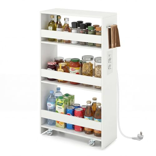 GOPLUS Carro de Almacenamiento Delgado, Carrito de Cocina Estrecho con Estación de Carga, Ruedas, 4 Niveles con Estantes y Asa, Organizador Rodante para Cocina, Lavandería, Salón (Blanco)