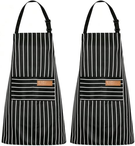 YUANJIASHUN YAO 2 Pack Black White Vertical Striped Chef Aprons, Adjustable Neck Strap Cotton Polyester Cooking Apron with Large Front Pocket for Women Men, Ideal for Baking Grilling Cafe Restaurant