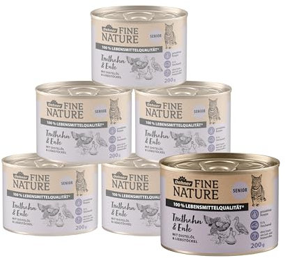 Dehner Fine Nature Katzenfutter, Nassfutter getreidefrei, für ältere Katzen, Truthahn / Ente, 6 x 200 g Dose (1.2 kg)