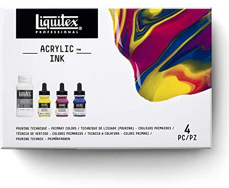 Liquitex Professional Acrylic Ink, Set of 3 x 30 ml Primary Colours and 1 x 118 ml Pouring Technique Medium