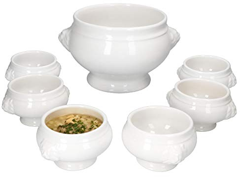 MamboCat Leo Löwenkopf Suppenterrine Suppentassen Set 7tlg I 1x Suppenschale 2 L + 6X kleine Suppentassen 0,25 L I Königliches Set Suppenschüssel Löwenkopf-Terrine aus Steingut weiß