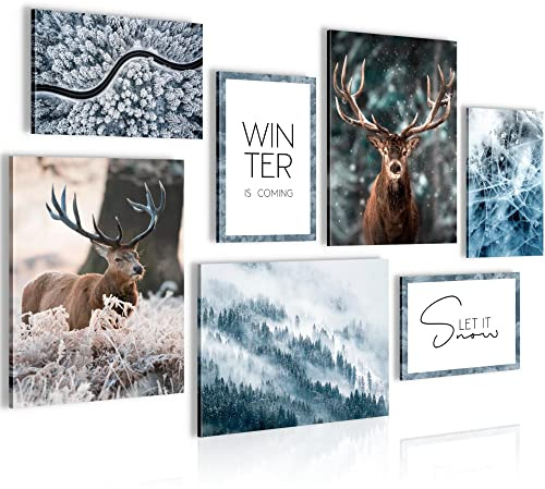 Novart Wandbilder Hirsch Natur - KOMPLETT AUFHÄNGFERTIG - Winter Wald Wohnzimmer Schlafzimmer Flur - 7 Moderne Mood-Bilder - N001471a