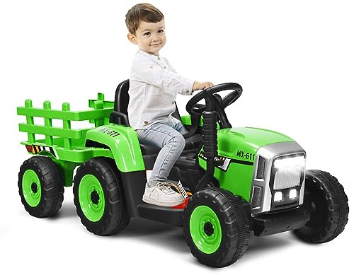 Maxmass 12V Kids Ride on Tractor and Trailer, Battery Powered Electric Vehicle with Remote Control, LED Lights, Music, Horn, USB, Bluetooth, Construction Car Toy for 3+ Boys Girls (Green)