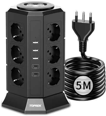 TOPREK Multipresa verticale con 12 prese universali ITA 10/16A e Schuko e 2 USB C e 3 USB A (USB-C1 20 W PD3.0 ricarica rapida), 4000W/16A, multipresa con 2 interruttori, cavo 5M, connettore 16A
