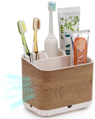 toprance Electric Toothbrush Holder Wood Grain Toothbrush And Toothpaste Holder With 4 Compartments And Drainage Holes, Easy To Clean Tooth Brush Holder For Bathroom Countertop Organized
