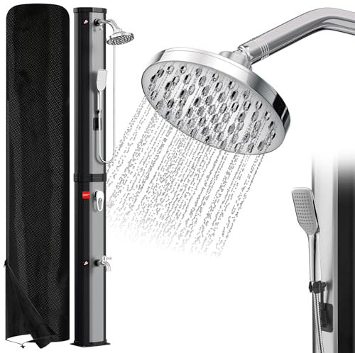 SWANEW Solardusche 60 Liter Solar Gartendusche Inkl Schutzhaube und handbrause, schwenkbarer Duschkopf um 180°, integrierte Fußdusche, max. 60°C(Silber)