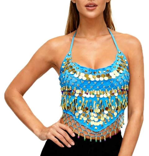Baisdan Women's Belly Dance Crop Top Adjustable Sequin Halter Dance Bra Belly Dancer Costume Light Blue