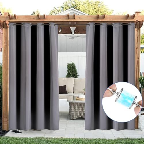 NACATIN 2-Panel Weatherproof Outdoor Curtains - Magnetic Enclosure, UV Blocking & Thermal Insulated for Patio, Pergola, Balcony - Blackout Design (52 x 84, Grey, 2 Pack)