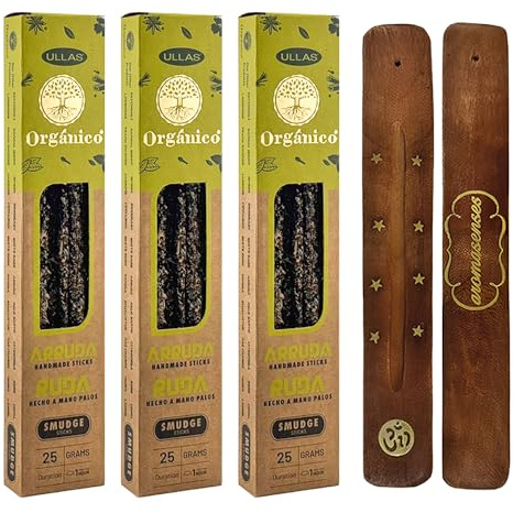 Aromasenses - Pack 3 Cajetillas de Incienso Orgánico Ullas Ruda + 1 Tablilla Aromasenses | Incineso 100% Natural y Ecológico | Aromaterapia con Hierbas Naturales | 25 gr. x 3 = 45 gr. |