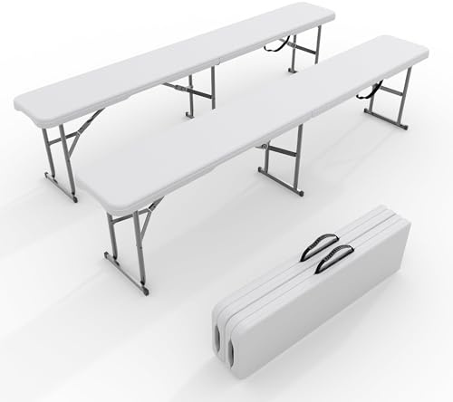 Zstar Banco plegable portátil de 6 pies (aprox. 183 cm) 2 unidades, banco plegable de plástico HDPE con asa para pícnic al aire libre, camping, fiestas, actividades deportivas, color blanco