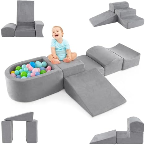 RELAX4LIFE Set da Gioco 5 Pezzi per Arrampicarsi, Blocchi in Schiuma per Bambini con Copertura Lavabile, Blocchi per Strisciare con Piscina di Palline, Set da Gioco in Schiuma per Bambini