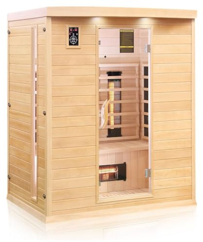 Dewello® Infrarotkabine Infrarotsauna Pierson 160x105 für 2-3 Personen aus Hemlock Holz mit Vollspektrumstrahler, Bodenstrahler, LED-Farblicht, Bluetooth, FM,MP3,USB