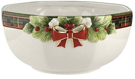Spode Christmas Tree Figurine Tartan Octagonal Bowl (9in)- Ceramic (22 Carat Gold)