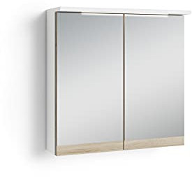 byLIVING Spiegelschrank Marino / 2-türiger Spiegel Hängeschrank weiß/Absetzung Eiche-Optik hell-braun/LED-Beleuchtung u. Steckdose/Badspiegel/Wandschrank mit Spiegeltüren/B 60, H 60, T 20 cm