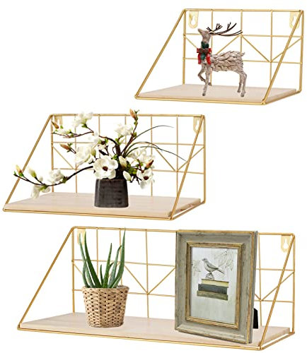 JUJOYBD Wandregal Gold aus Holz & Metall 3er Set, Schweberegal für Schlafzimmer, Wohnzimmer, Küche & Büro, Moderne Hängeregale in 3 Größen 20 cm, 29 cm, 41 cm
