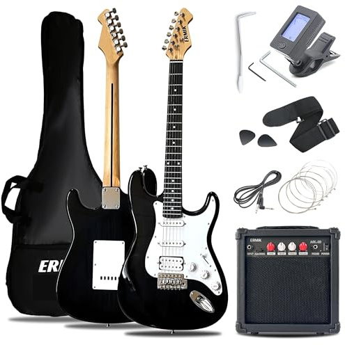 Ermik Solid Body Electric Guitar Kit with Amp 20W, Strings, Strap, Digital Tuner, Picks, Gig Bag, Cable, Tremolo Bar, 39 Full Size Guitar HSS Pickups Guitarra Electrica Beginner Gift - Black