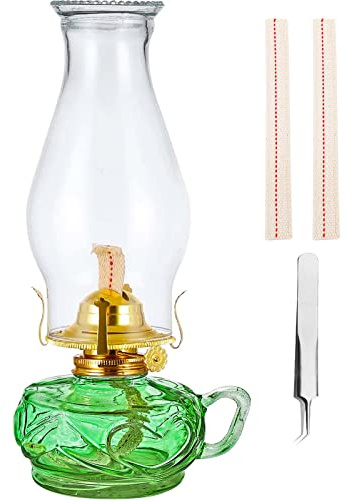 Rustic Oil Lamp for Indoor Use,Large Kerosene Lamp with Handle,2 Pcs Wicks and 1 Tweezers,Vintage Glass Hurricane Lamp for Home Emergency Lighting (Green)