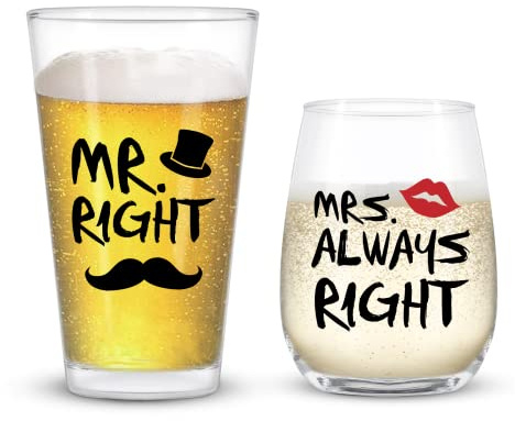 Joymaking Bröllopspresenter för brudpar, Mr Right & Mrs Always Right vinglas och ölglas set för par, presenter till vänner, jul, brudfest, förlovning, bröllopsdag, alla hjärtans dag