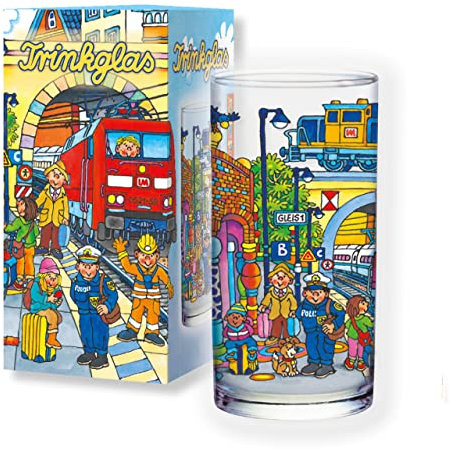 Lutz Mauder Kindertrinkglas — extra dickes Glas mit bunten Bahnhofmotiven - Zug, Bahnsteig, Eisenbahn, Schaffner, Lokomotive — robustes Trinkglas für kleine Eisenbahn Fans