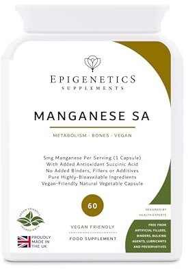 Manganese SA | 5mg Manganese Citrate + Natural Succinic Acid Antioxidant | 60 Vegan Friendly Capsules UK Made | 1 Capsule Daily (2 Month Supply)