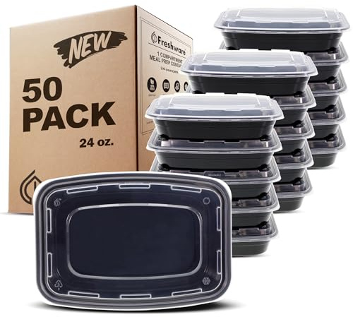 Freshware Meal Prep Containers [50 Pack] 1 Compartment with Lids, Food Storage Containers, Bento Box, BPA Free, Stackable, Microwave/Dishwasher/Freezer Safe (24 oz)