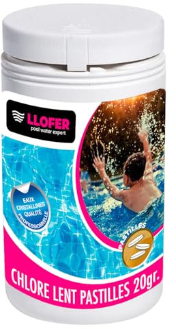 Llofer – Pastilles Chlore Lent 20g Piscine – 90% Chlore Actif – Seau 1kg – Fabriqué en France – Désinfection Durable – Eau Claire et Saine