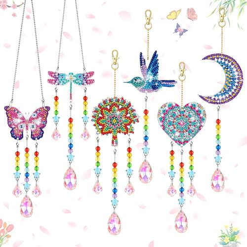 Jiosdo Arts and Crafts Kits, Gift for Girls Age 7 8 9 10, DIY Diamond Art Kits with Crystal Pendant, 5D Diamond Painting Wind Chimes (6 PCS)