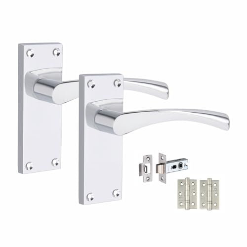 Golden Grace Victorian Scroll Astrid Door Handles Latch in Polished Chrome with 1 Pair of 3 Ball Bearing Hinges & Latches Pack, 1 Set - 120mm x 40mm Backplate