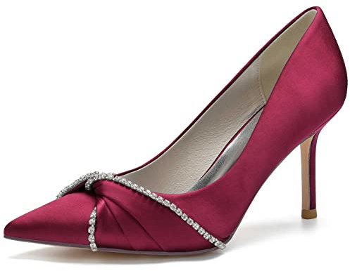 TarfiC Women's Wedding Bride Lace Block Heels Closed Toe Court Mary Jane Double Strap Satin Bridal Shoe Burgundy