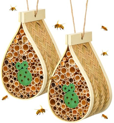DoubleFill 2 Pcs Mason Bee House Hanging Bee Hives Wild Pollinator Bamboo Mason Bee Habitat Hotel with Tubes Beekeeping Supplies for Enhance Garden Productivity(Water Drop)