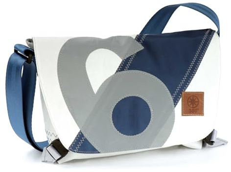 360° Grad Törn Schultertasche Segeltuch weiß-blau, Zahl hellgrau