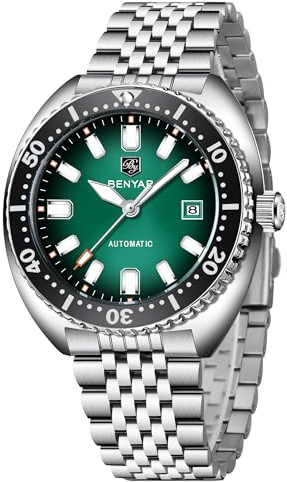 Benyar Montres automatiques pour Hommes Bracelet en Acier Inoxydable Bracelet mécanique Hommes 50M Calendrier imperméable Lumineux Montres de Bracelet pour Hommes d'affaires (5211 Vert)