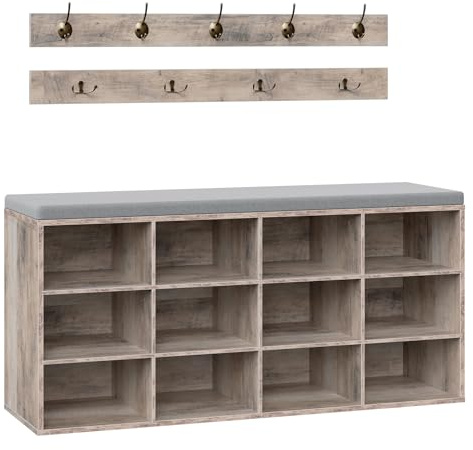 HOOBRO Shoe Storage Bench with Cushion, 39.4 L Entryway Bench with 12 Cubbies, Entryway Hall Tree with Storage, Shoe Cabinet with Coat Rack for Bedroom, Hallway, Holds up to 330 lb, Gray GY112HX01