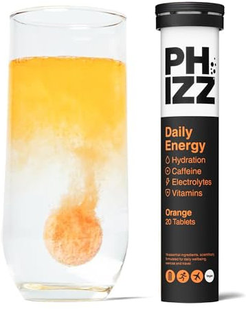 Phizz Daily Energy Electrolyte Hydration Tablets - 16 Vitamins and Minerals - Effervescent Energy Tablets - 75mg Caffeine (Daily Energy (Orange), 20)
