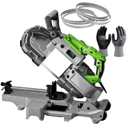 Sega A Nastro Portatile,Sega A Nastro Per Metallo,Taglio Del Metallo Da 0-45°,Luce Led Integrata, Diametro Di Taglio Di 4,72 Pollici,Con Lama Per Sega 3 Dimensioni (6 Pezzi)&1 Guanto,Withbase