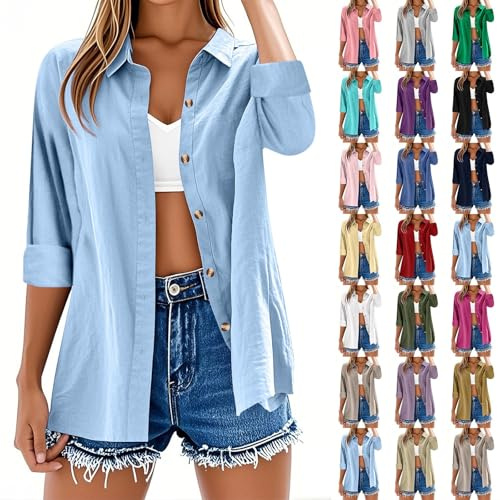 Camisetas de manga larga para mujer, estilo casual, botones, algodón y lino, color liso, camisetas de verano, cuello en V, con mangas enrolladas, blusas sueltas y de gran tamaño, ligeras, elegantes