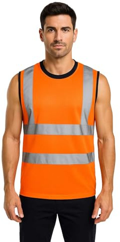 Candid Styles Hi Vis Viz Sleeveless Vest, High Visibility Reflective Safety Security Workwear Double Tape Tank Top (Orange, Large)