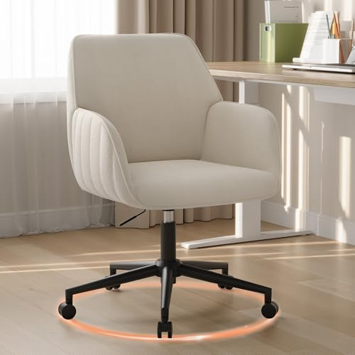 BERYTH Desk Chair for Office Study Bedroom Adjustable Height, Armrests, Ergonomic Swivel Task with Metal Base, Wheels, Gas Lift, Lumbar Support, Padded Cushion, Fabric Upholstery - Beige