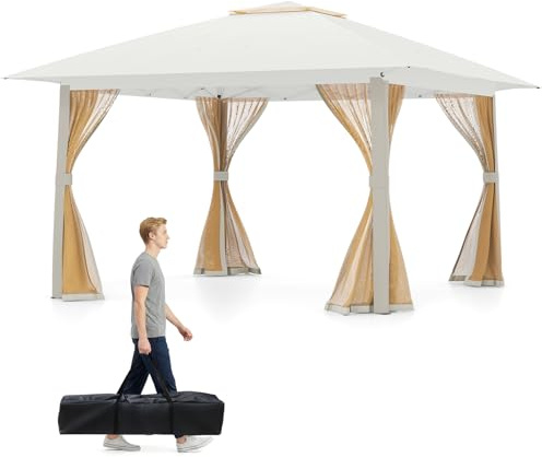 GOPLUS Cenador Plegable Jardín 394 x 394 CM, Carpa de Techo Doble para Exterior, Pabellón con Estructura Metálica Resistente,para Picnic, Camping, Barbacoa (Beige con Malla)