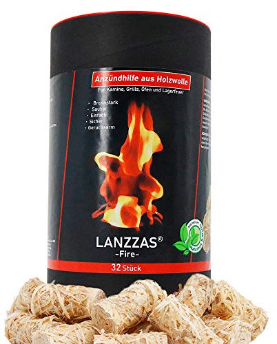 LANZZAS® Kamin- und Grill-Anzünder (Anzündwolle) aus natürlicher Holzwolle und Wachs, Anzündhilfe stark gehärtet für eine Lange Brenndauer.