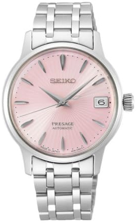 SEIKO SRP839 Automatic Watch for Women - Presage Cocktail Time - Patterned Pink Dial with Date Calendar - Stainless Steel Bracelet, 50M Water Resistant