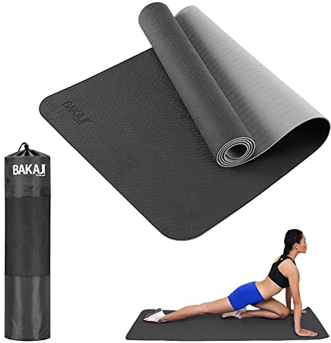 BAKAJI Tappetino Yoga in TPE Ecologioco Doppio Strato Antiscivolo Alta Densità Materassino Tappeto Allenamento Fitness Aerobica Palestra Ginnastica Dimensione 180 x 61 cm con Custodia (Nero/Grigio)