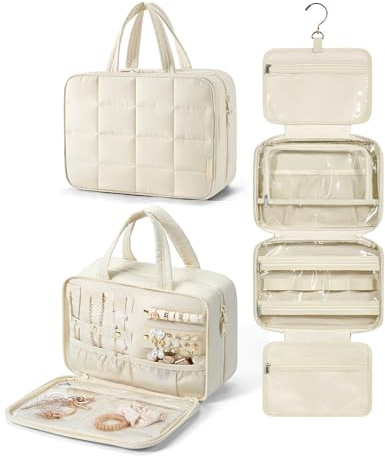 BAGSMART Travel Toiletry Bag with Jewelry Organizer, Hanging Travel Bag for Toiletries, Puffy Makeup Cosmetic Bag Organizer, Carry-on Travel Accessories Essentials, Beige-M