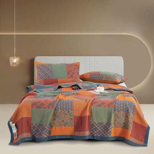 Purefair Coperta in 100% mussola di cotone, motivo jacquard rustico, arancione, bohémien, patchwork, floreale, morbido, copriletto a 3 strati, leggero, traspirante, reversibile, per letto matrimoniale