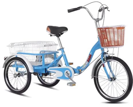 20-tums lastcykel, vuxen Trike 3-hjuls lastcykel med korg V200 kg keps för män kvinnor seniorer, justerbara tre hjul cykel cruiser cykel för shopping cykling pedaler(blå, ingen rest)