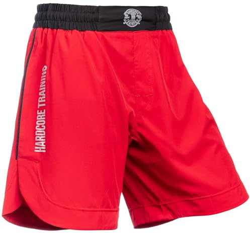Hardcore Training Athletic Men's Shorts Pantaloncini Uomo Allenamento Kickboxing MMA Boxe BJJ Muay Thai con Tasche (IT, Testo, XXL, Regular, Regular, Red/Red)
