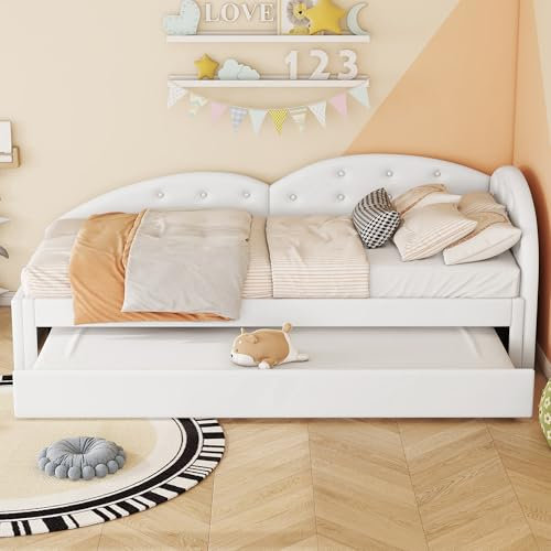 KecDuey Cama Tapizada de 90 x 200 cm con Sofá Extensible de 80 x 190 cm, Elegante y Simple, Material de Poliuretano (Blanco)