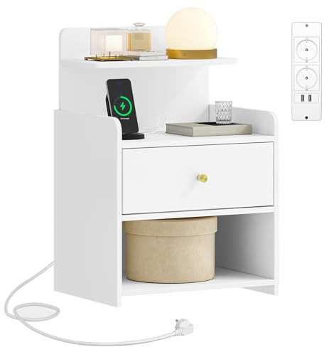 HEXCELEN Table de Nuit avec Multiprise, Tables de Chevet avec 1 Tiroir et 2 Compartiments Ouverts, Table d'appoint, Port USB et Type-C, 2 Prises, pour Chambre à Coucher, Salon, Moderne Blanc
